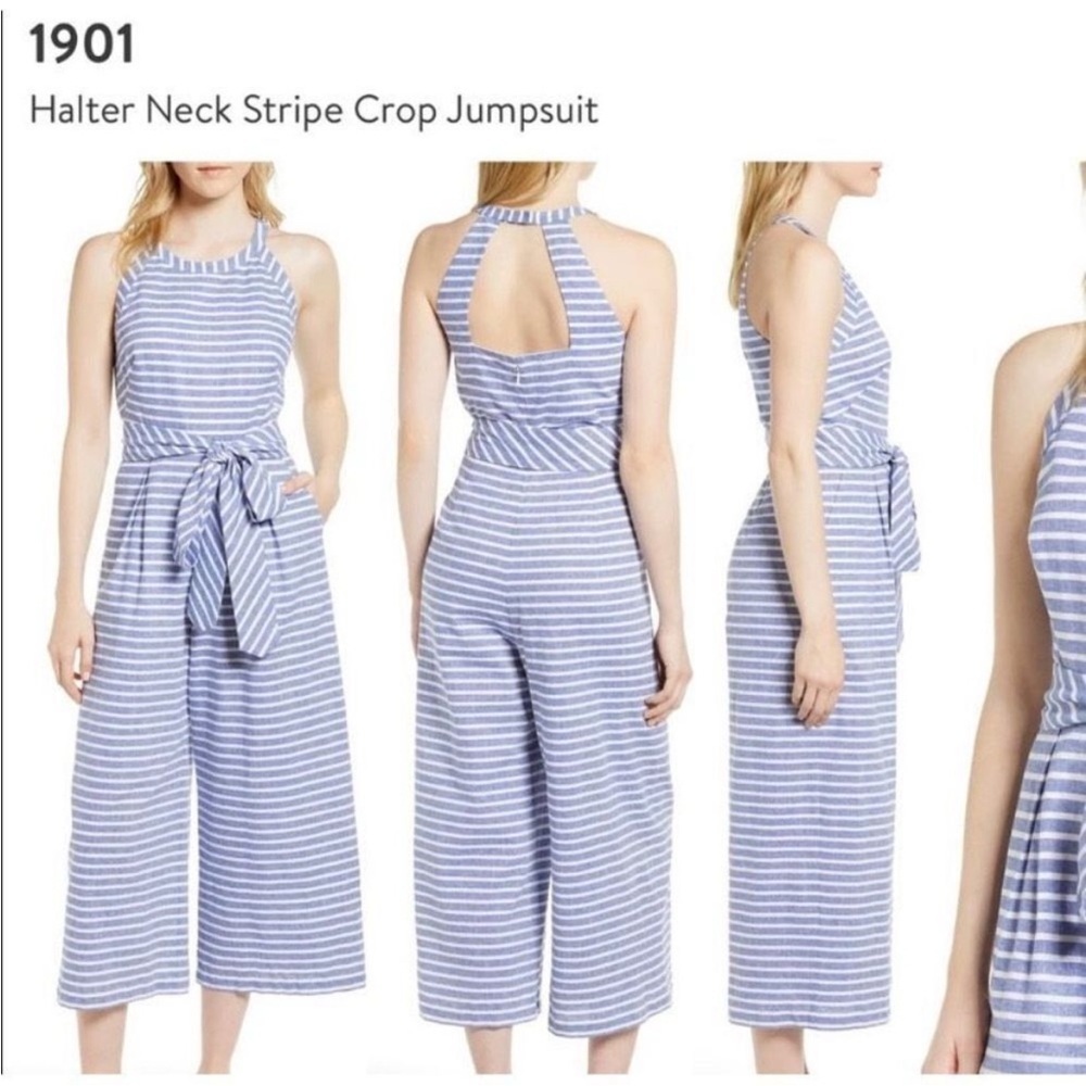 1901 Blue Cotton Halter‎ white Striped Wide Leg Jumpsuit Size 4